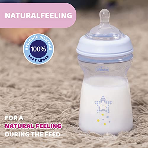 Chicco Natural Feeling PP Feeding Bottle I Double Anti-Colic Valve I Breast Like Latch I Soft Silicone I Food Grade I BPA Free I Wide Neck I 330ml, Fast Flow 6+ Months Blue 1Pc - Image 4