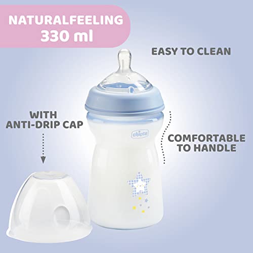 Chicco Natural Feeling PP Feeding Bottle I Double Anti-Colic Valve I Breast Like Latch I Soft Silicone I Food Grade I BPA Free I Wide Neck I 330ml, Fast Flow 6+ Months Blue 1Pc - Image 5
