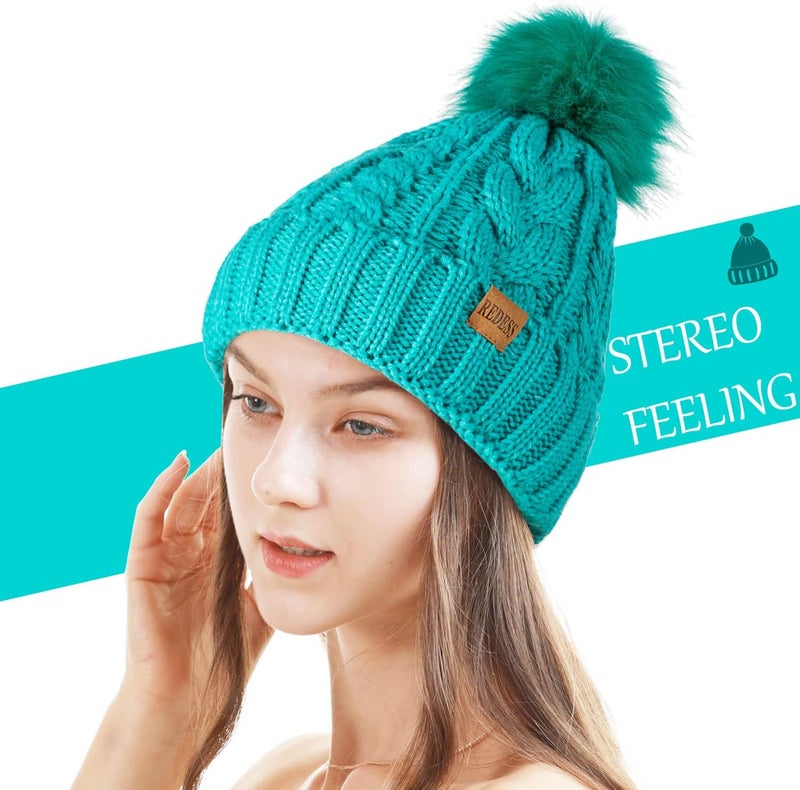 REDESS Women Winter Pompom Beanie Hat with Warm Fleece Lined, Thick Slouchy Snow Knit Skull Ski Cap - Image 1