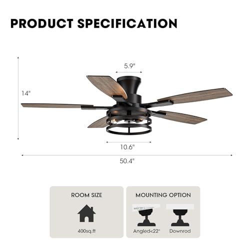 LuminFan 46 Inch Flush Mount Ceiling Fans with Lights and Remote Control, Low Profile Farmhouse Ceiling Fan for Bedroom Living Room and Patio, Black Caged Ceiling Fan for Indoor and Outdoor - Image 2