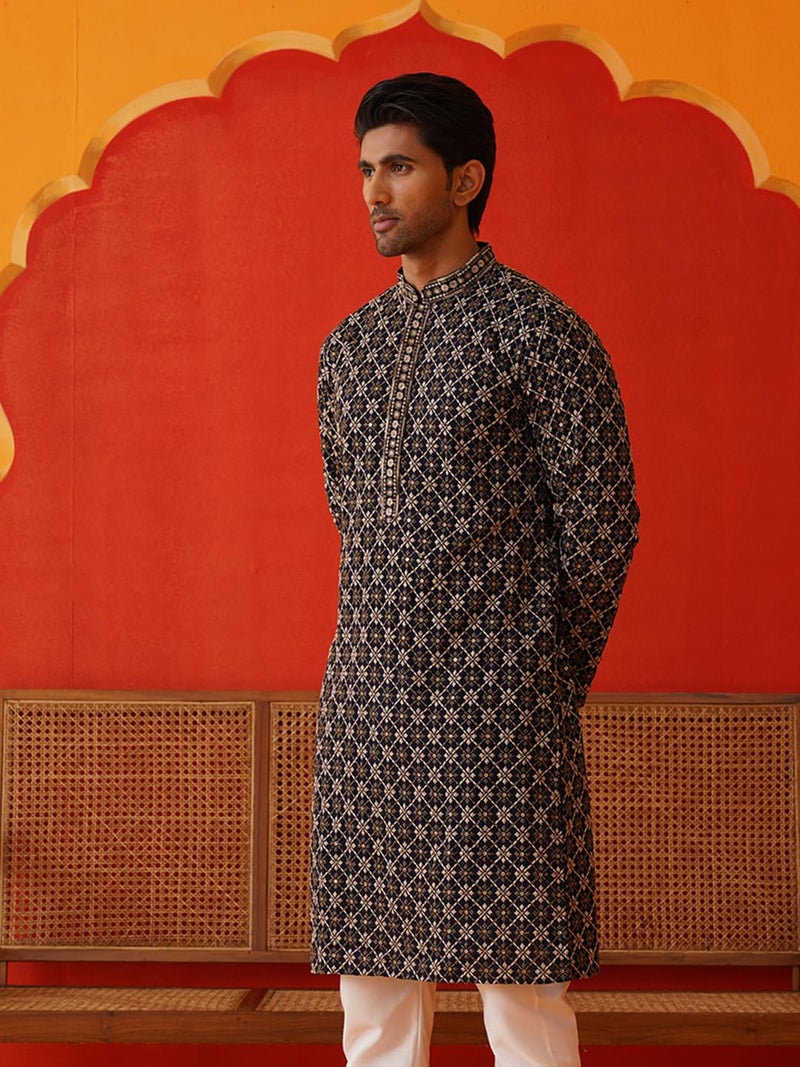 Jompers Navy Embroidered Kurtas for Men (Navy, XL) - Image 5