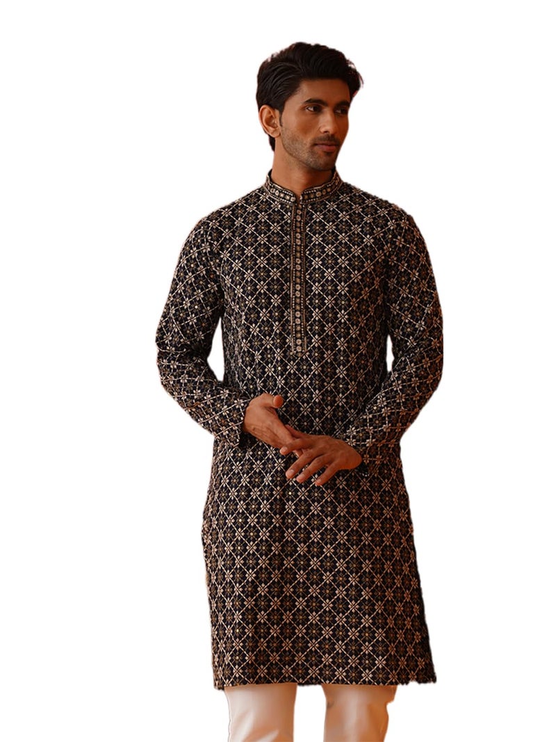 Jompers Navy Embroidered Kurtas for Men (Navy, XL) - Image 1