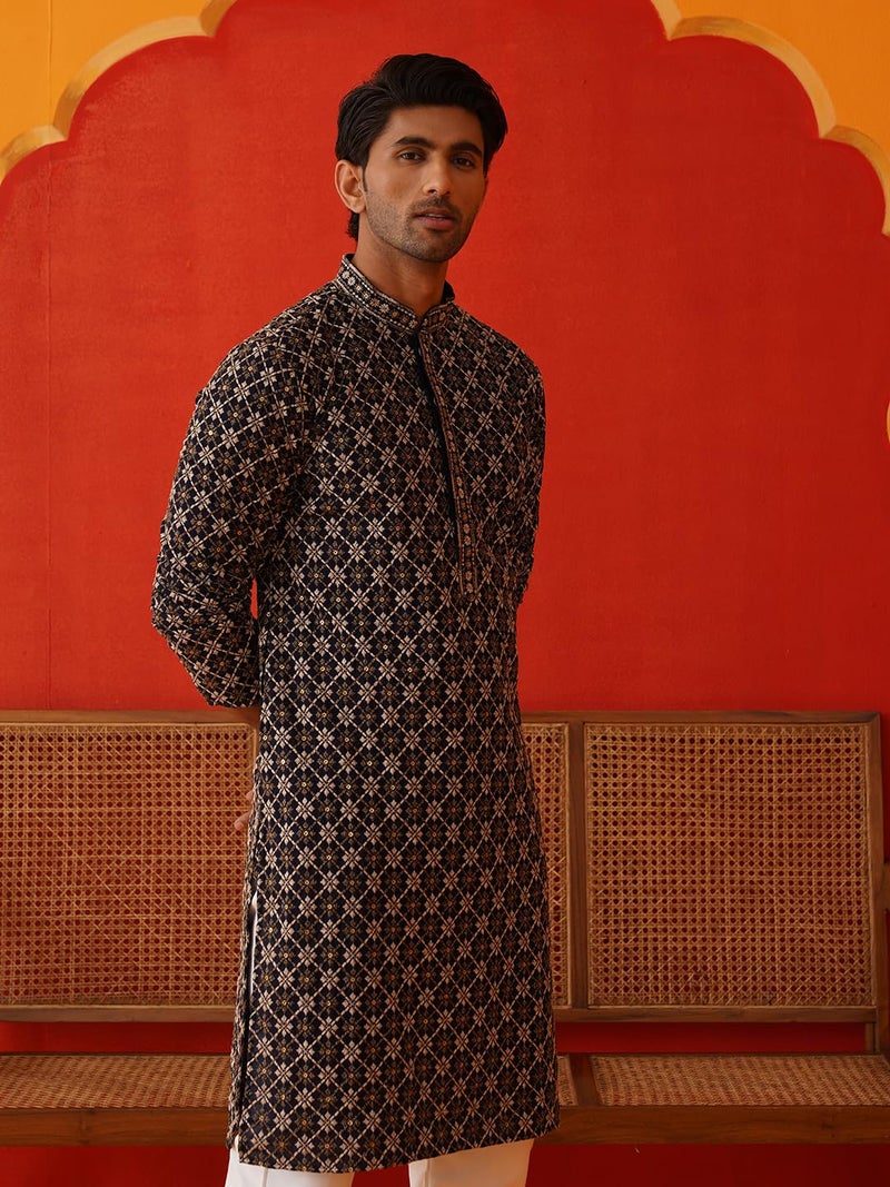 Jompers Navy Embroidered Kurtas for Men (Navy, XL) - Image 3