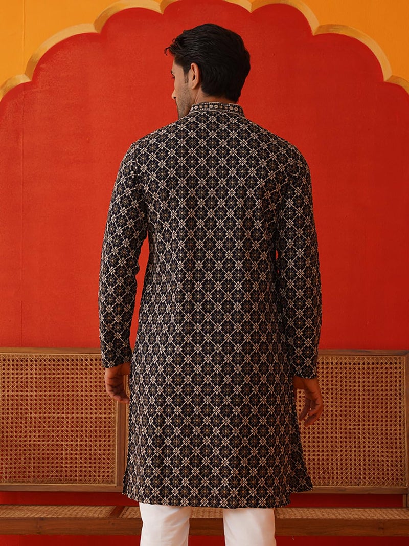 Jompers Navy Embroidered Kurtas for Men (Navy, XL) - Image 2