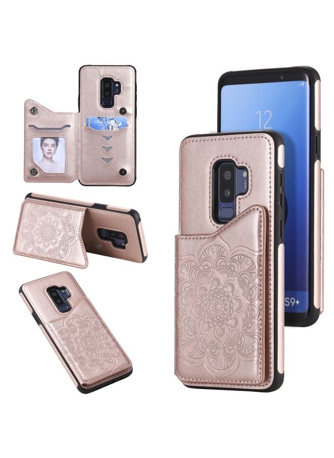 Generic - Case Cover For Samsung Galaxy S9 Plus Flower Embossing Pattern Shockproof Protective Case with Holder & Card Slots & Photo Frame Rose Gold - Image 1