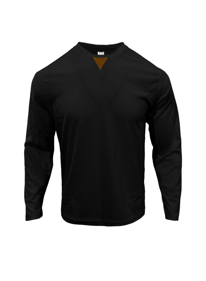 European And American Men's Spring And Autumn Textured V-neck Triangular Patch Casual Oversized Long Sleeve T-shirt