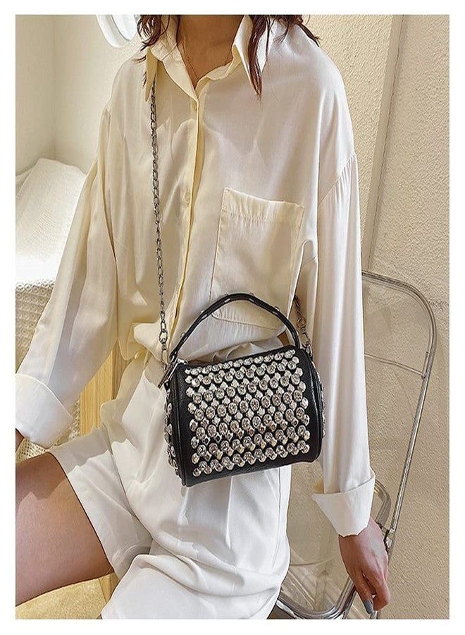 Teanea Small Rhinestone Cylinder Crossbody Bag with Top Handle, Silver - Image 2