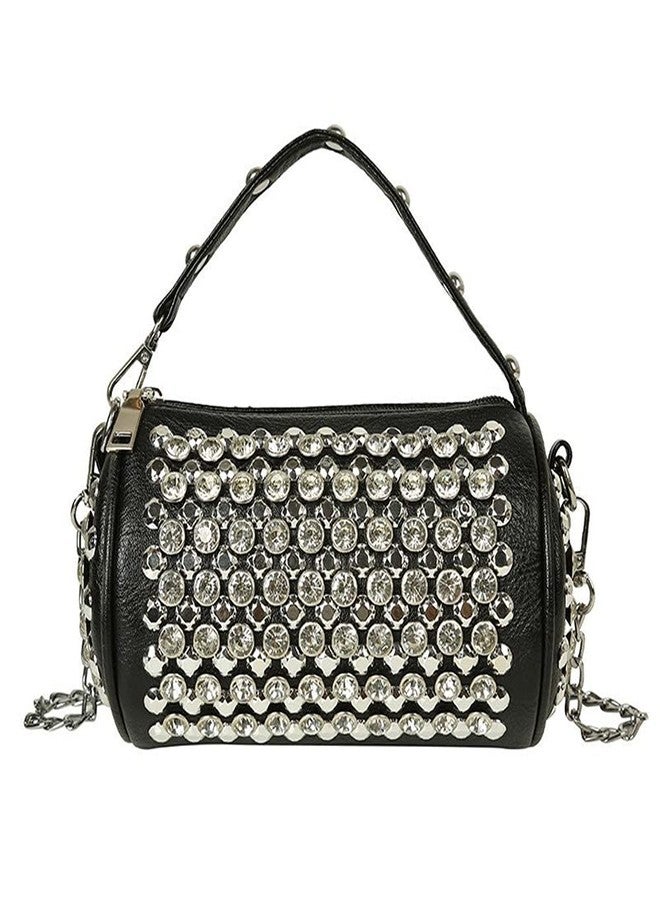 Teanea Small Rhinestone Cylinder Crossbody Bag with Top Handle, Silver - Image 1