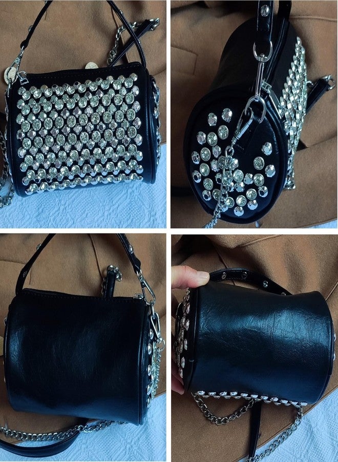 Teanea Small Rhinestone Cylinder Crossbody Bag with Top Handle, Silver - Image 4