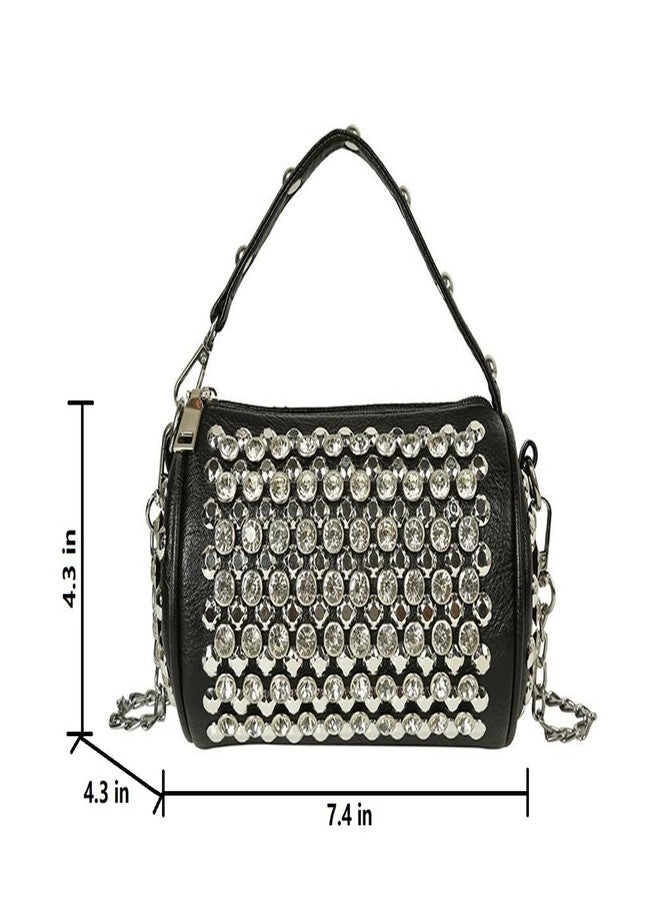 Teanea Small Rhinestone Cylinder Crossbody Bag with Top Handle, Silver - Image 3