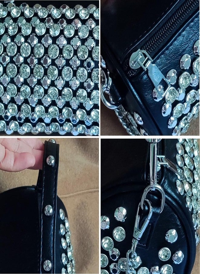 Teanea Small Rhinestone Cylinder Crossbody Bag with Top Handle, Silver - Image 5