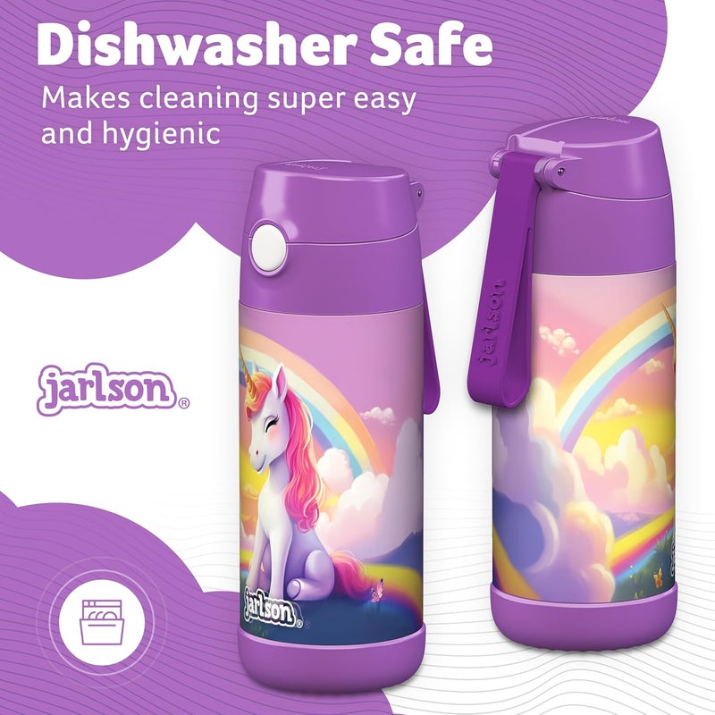 Jarlson قارورة الشرب الفولاذية المقاومة للصدأ للأطفال شارلي من جارلسون® [مع قشة] - ترمس مقاوم للتسرب - قارورة مياه أطفال - قارورة شرب حرارية للمدرسة والحضانة (350 مل، يونيكورن 2.0) - Image 3
