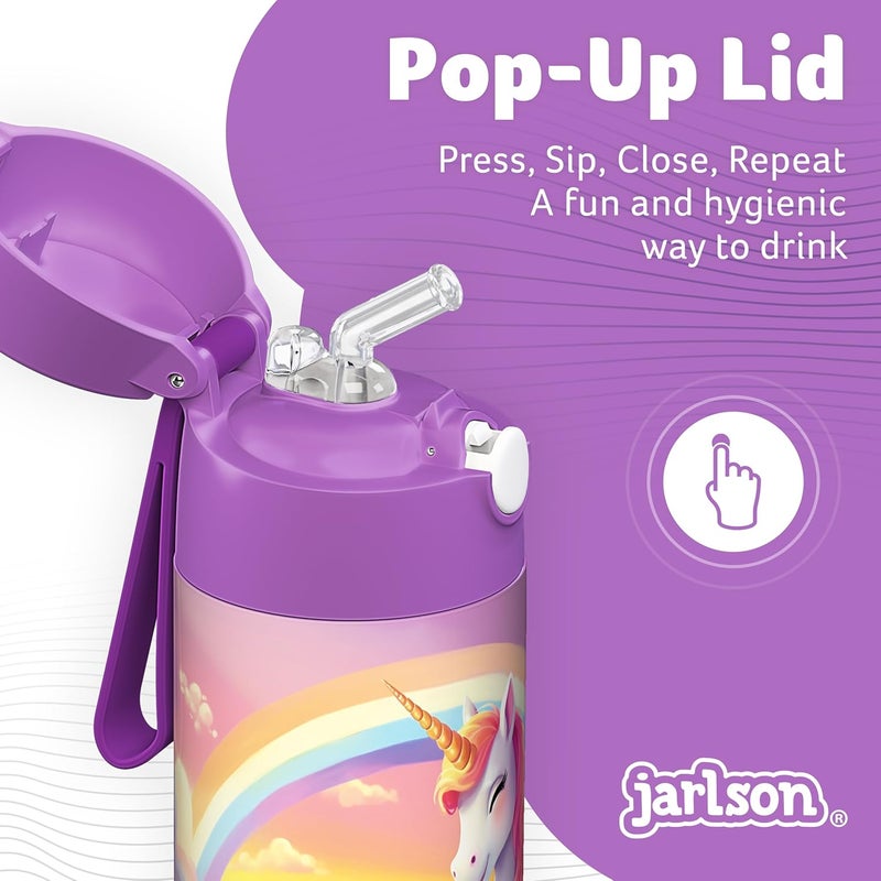 Jarlson قارورة الشرب الفولاذية المقاومة للصدأ للأطفال شارلي من جارلسون® [مع قشة] - ترمس مقاوم للتسرب - قارورة مياه أطفال - قارورة شرب حرارية للمدرسة والحضانة (350 مل، يونيكورن 2.0) - Image 4