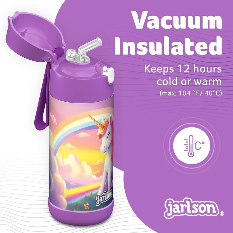 Jarlson قارورة الشرب الفولاذية المقاومة للصدأ للأطفال شارلي من جارلسون® [مع قشة] - ترمس مقاوم للتسرب - قارورة مياه أطفال - قارورة شرب حرارية للمدرسة والحضانة (350 مل، يونيكورن 2.0) - Image 2