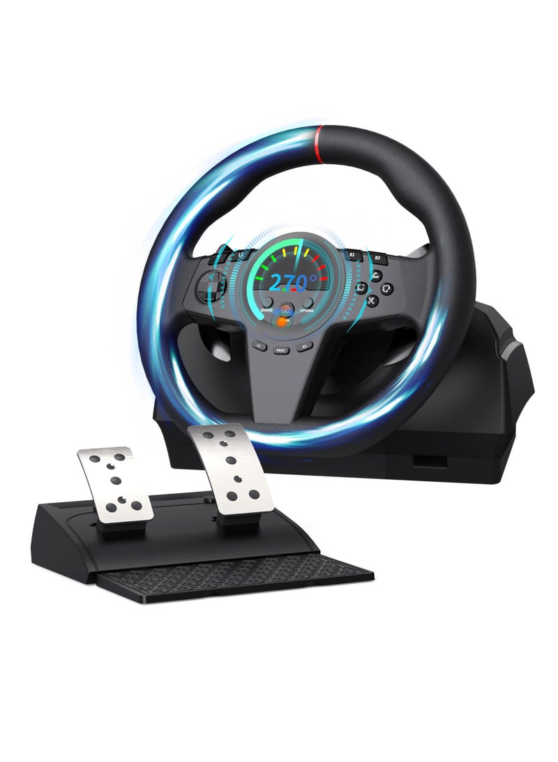 فلاشهوك عجلة قيادة سباق عالمية 270 درجة مع دواسات استشعار هول وشاشة LED لأجهزة الكمبيوتر والبلايستيشن وإكس بوكس - محاكي سيارة مع ردود فعل اهتزازية وحساسية قابلة للتعديل - Image 1