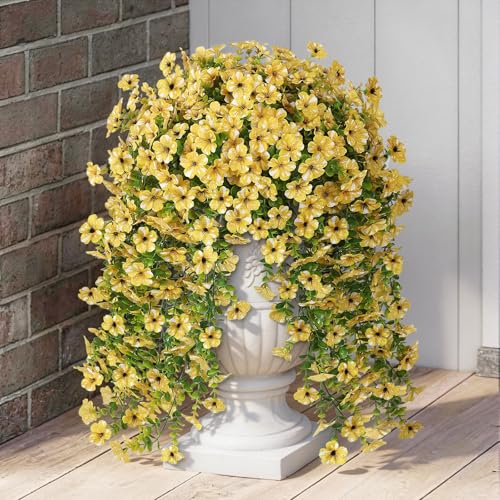 GLIDLION 4 PCS Artificial Morning Glory & Eucalyptus for Outside, Realistic Sun Resistant Fake Silk Hang Flower Faux Eucalyptus Leave for Patio Farmhouse Garden Porches Balcony Decor (Yellow) - Image 2