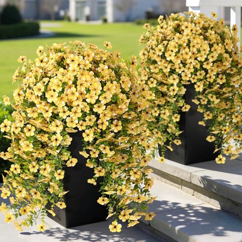 GLIDLION 4 PCS Artificial Morning Glory & Eucalyptus for Outside, Realistic Sun Resistant Fake Silk Hang Flower Faux Eucalyptus Leave for Patio Farmhouse Garden Porches Balcony Decor (Yellow) - Image 1