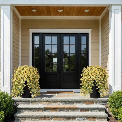 GLIDLION 4 PCS Artificial Morning Glory & Eucalyptus for Outside, Realistic Sun Resistant Fake Silk Hang Flower Faux Eucalyptus Leave for Patio Farmhouse Garden Porches Balcony Decor (Yellow) - Image 3
