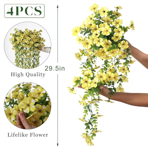GLIDLION 4 PCS Artificial Morning Glory & Eucalyptus for Outside, Realistic Sun Resistant Fake Silk Hang Flower Faux Eucalyptus Leave for Patio Farmhouse Garden Porches Balcony Decor (Yellow) - Image 5