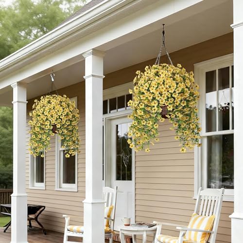 GLIDLION 4 PCS Artificial Morning Glory & Eucalyptus for Outside, Realistic Sun Resistant Fake Silk Hang Flower Faux Eucalyptus Leave for Patio Farmhouse Garden Porches Balcony Decor (Yellow) - Image 4