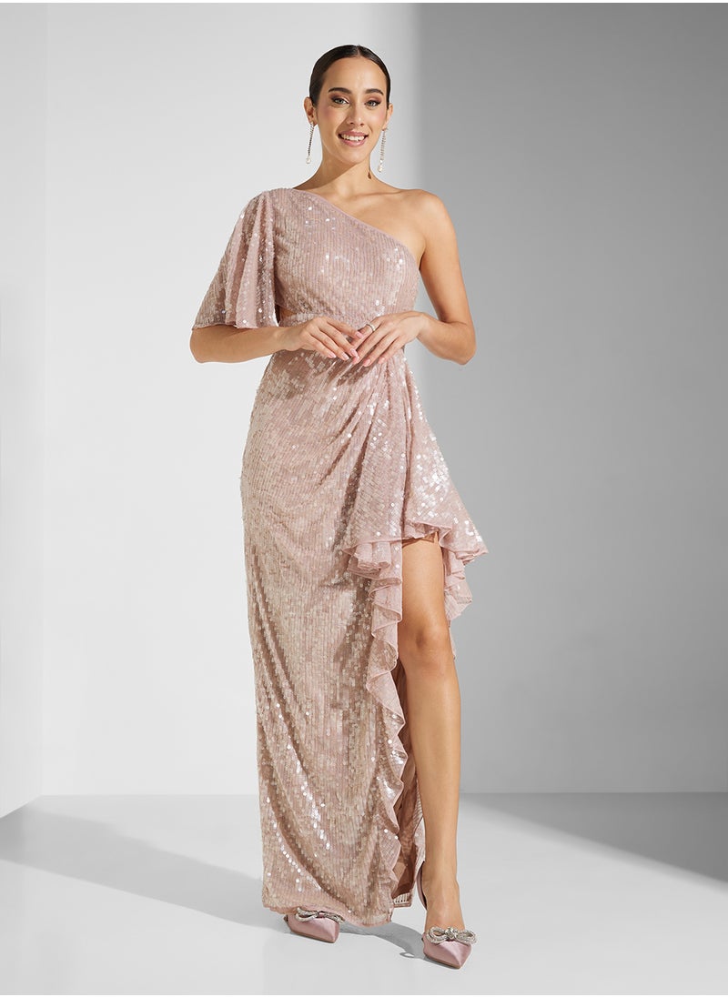 Amelia Rose - One Shoulder Side Slit Embellished Dress - Image 1