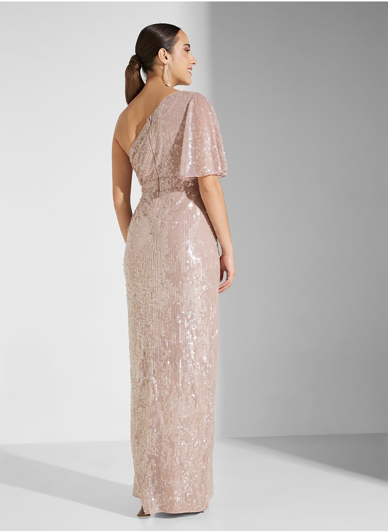 Amelia Rose - One Shoulder Side Slit Embellished Dress - Image 1