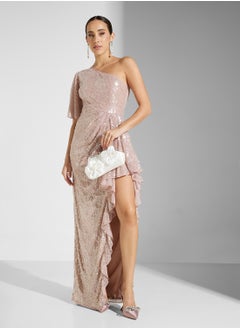 One Shoulder Side Slit Embellished Dress