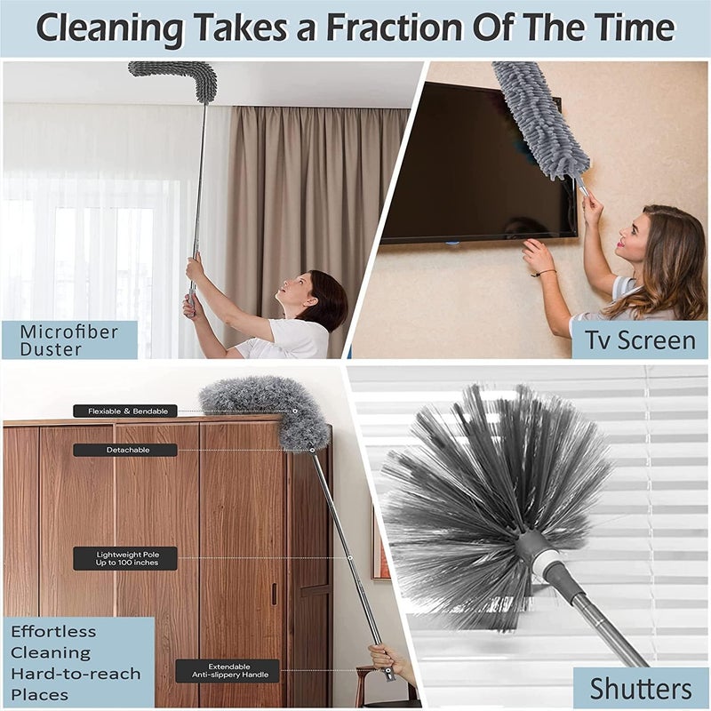 Fruhrer Home clening 3 in 1 Microfiber Feather Duster Bendable Extendable Fan Cleaning Duster with 100 inches Expandable Pole Handle Washable Duster for High Ceiling FansWindow Blinds Furniture - Image 3