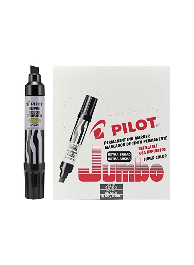 PILOT علامات دائمة قابلة لإعادة التعبئة من بايلوت سوبر كولور جامبو، حبر أسود، طرف مائل عريض، 12 عبوة (43100) - Image 1