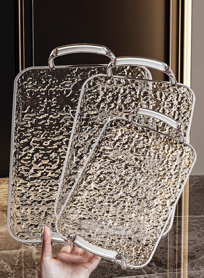 Sunnaltree 3PCS Serving Tray, With Polished Metal Handles, Serving Plate, Wavy Pattern Clear Tray, Spill-Proof Tray, Decorative Serving Tray for Coffee Table, Tea, Storage Rectangular, Living Room, Bedroom（Silver） - Image 1