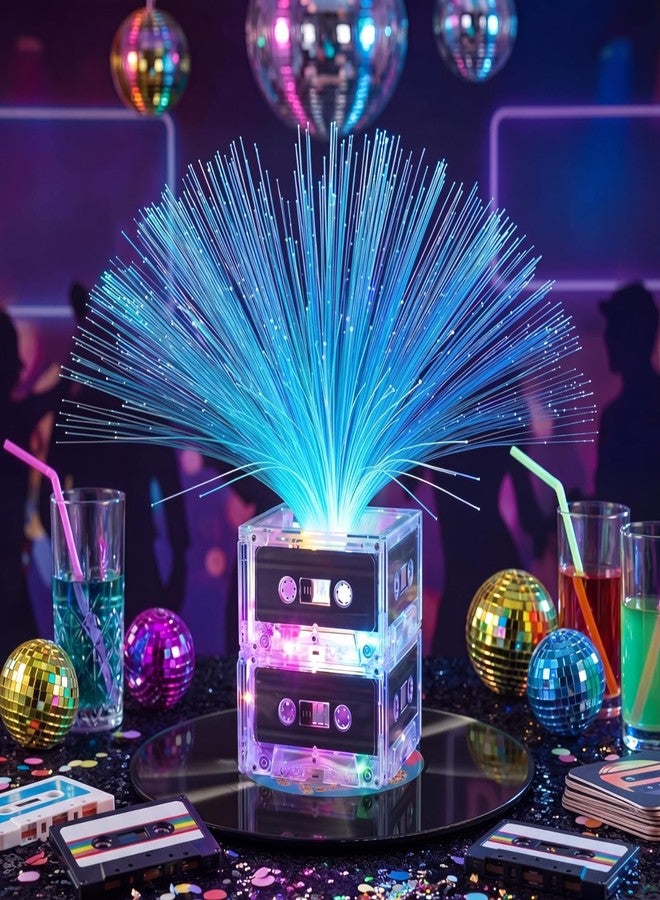 Relaxweex 80s Music Party Table Decor 90s Glowing Party Table Centerpiece Decor Includes Cassette Tape Bucket Fiber Optic Lamp for 80s Birthday Favor Supply Music Retro Hip Hop Event - Image 1