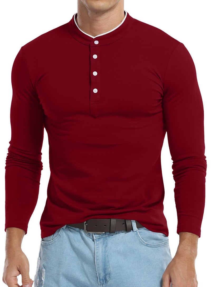 KUYIGO Men's Casual Slim Fit Shirts Long Sleeve Polo Shirt Cotton Button T-Shirts Wine Red Small - Image 4