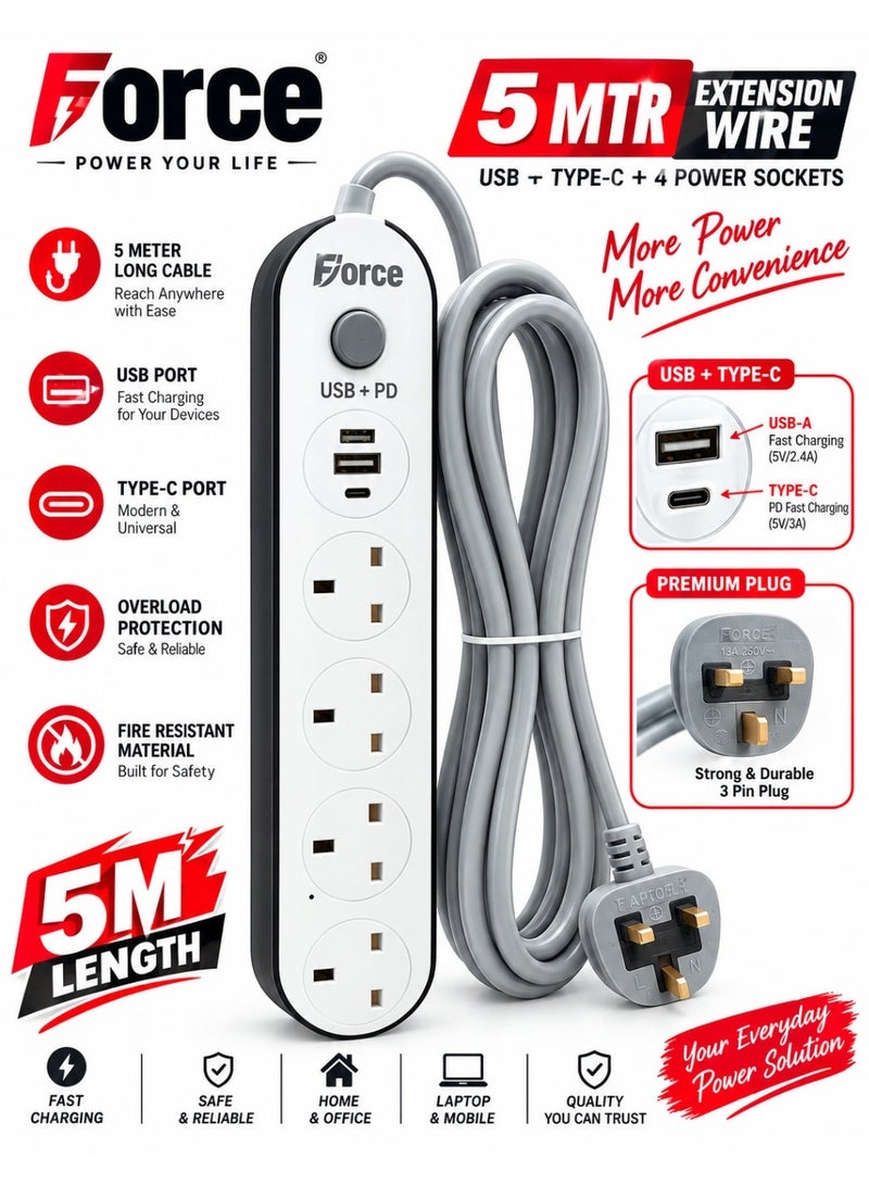 فورس مشترك كهرباء مع سلك 5 متر – 3 مخارج مع منفذ USB ومنفذين PD Type-C، 2500 واط، مشترك كهربائي مع حماية من زيادة التيار وقفل أمان للأطفال – سلك تمديد ثقيل للاستخدام المنزلي والمكتبي - Image 1
