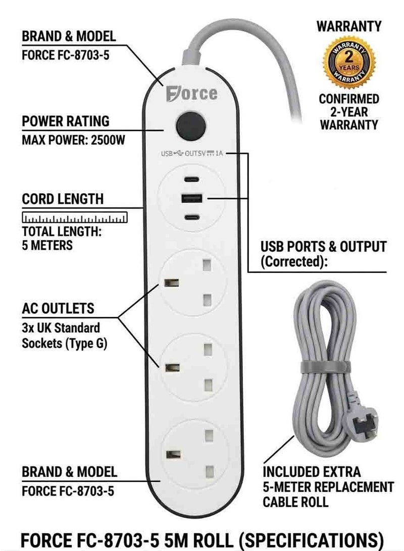 فورس مشترك كهرباء مع سلك 5 متر – 3 مخارج مع منفذ USB ومنفذين PD Type-C، 2500 واط، مشترك كهربائي مع حماية من زيادة التيار وقفل أمان للأطفال – سلك تمديد ثقيل للاستخدام المنزلي والمكتبي - Image 5