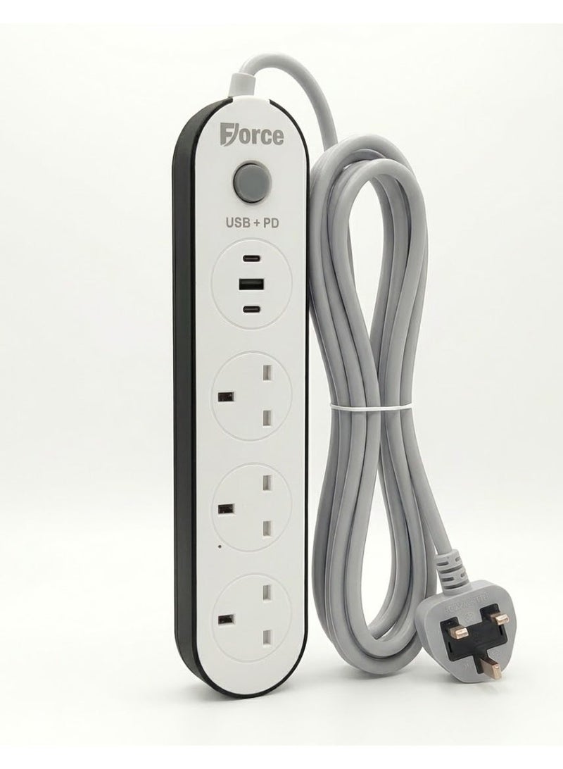 فورس مشترك كهرباء مع سلك 5 متر – 3 مخارج مع منفذ USB ومنفذين PD Type-C، 2500 واط، مشترك كهربائي مع حماية من زيادة التيار وقفل أمان للأطفال – سلك تمديد ثقيل للاستخدام المنزلي والمكتبي - Image 3