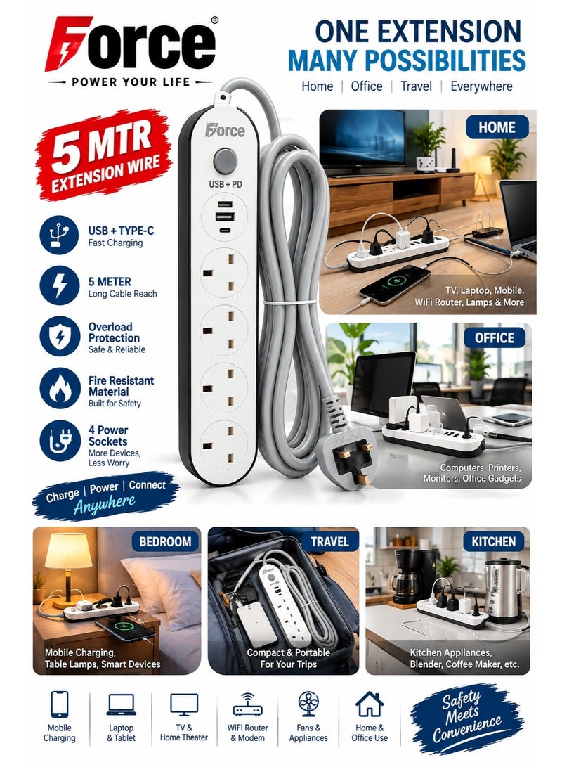 فورس مشترك كهرباء مع سلك 5 متر – 3 مخارج مع منفذ USB ومنفذين PD Type-C، 2500 واط، مشترك كهربائي مع حماية من زيادة التيار وقفل أمان للأطفال – سلك تمديد ثقيل للاستخدام المنزلي والمكتبي - Image 2