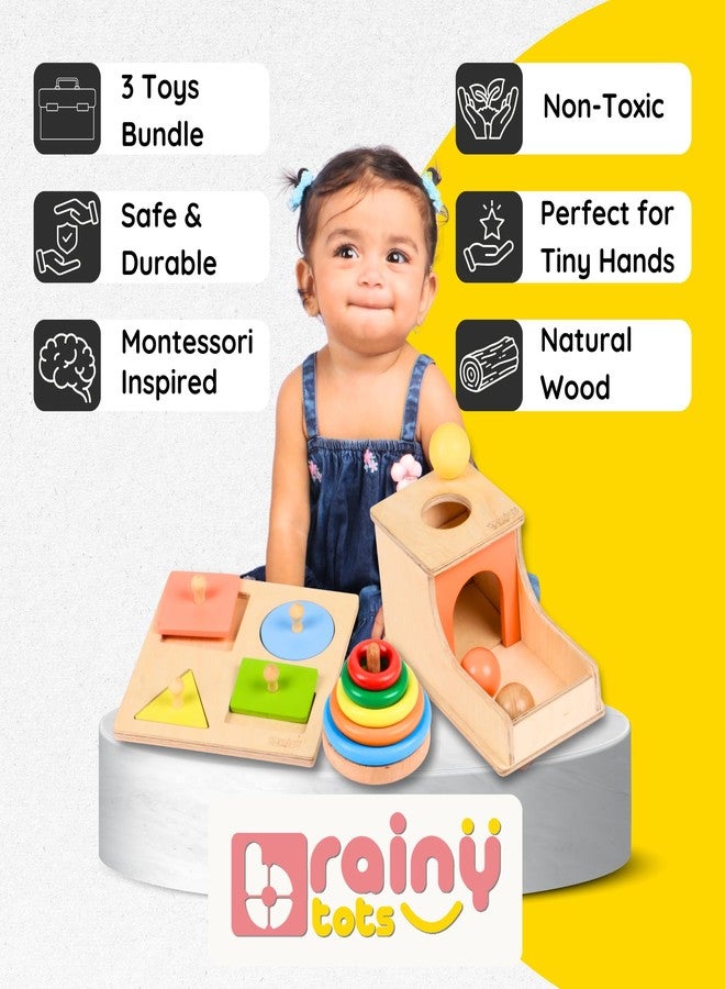 Brainytots Problem Solving Kit for Babies and Toddlers of 6 Months to 1 and 2 Years | Object Permanence Box, Wooden Ring Stacker & 4 Shapes Puzzle | Learning Toys for Cognitive, Motor Skills - Image 3