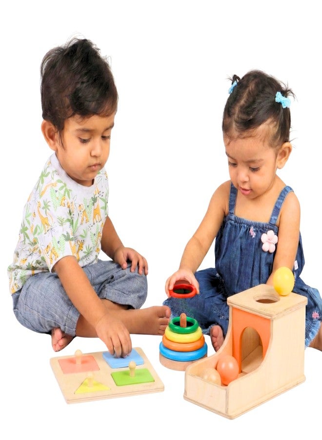 Brainytots Problem Solving Kit for Babies and Toddlers of 6 Months to 1 and 2 Years | Object Permanence Box, Wooden Ring Stacker & 4 Shapes Puzzle | Learning Toys for Cognitive, Motor Skills - Image 1