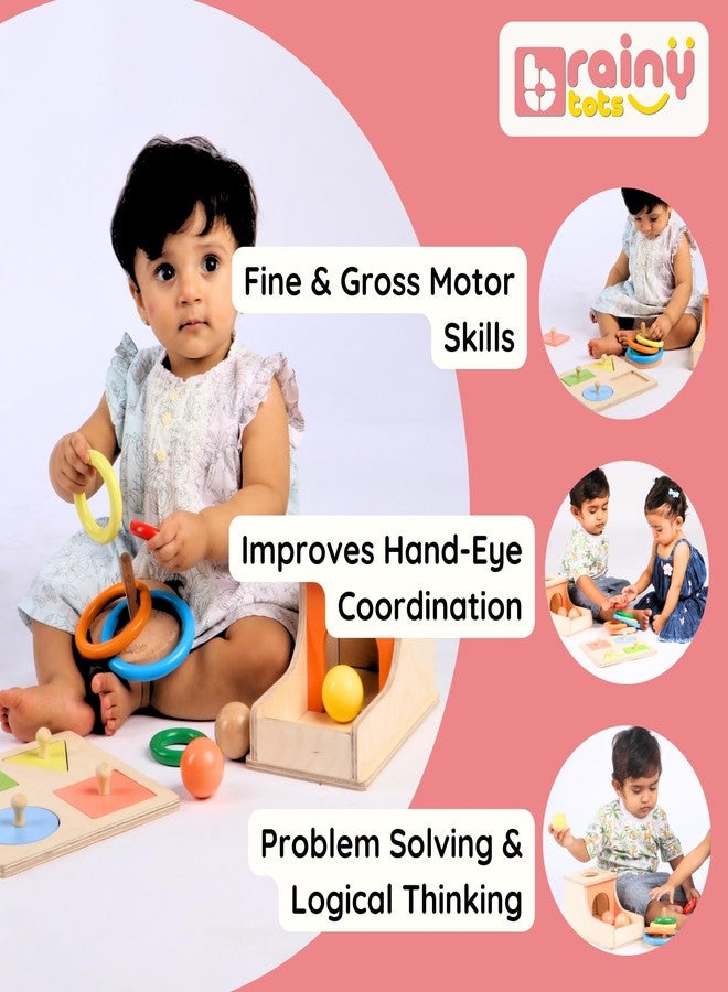Brainytots Problem Solving Kit for Babies and Toddlers of 6 Months to 1 and 2 Years | Object Permanence Box, Wooden Ring Stacker & 4 Shapes Puzzle | Learning Toys for Cognitive, Motor Skills - Image 2