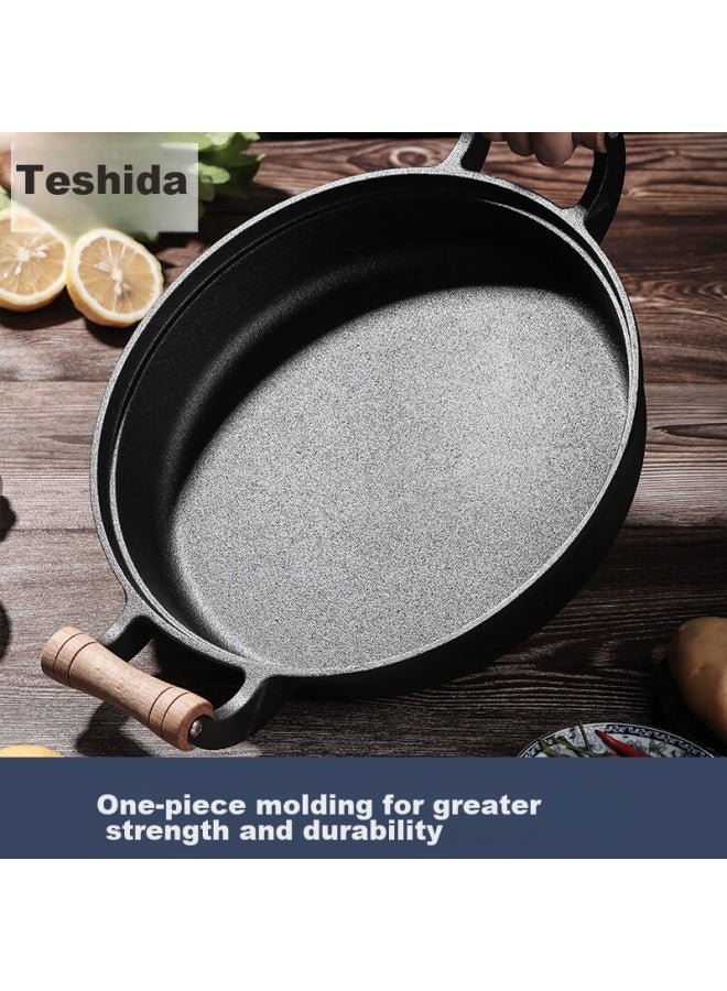 Telssida Wooden Handle Double Ear Thickened Cast Iron Pancake Pan Old-fashioned Cast Iron Pan Non-stick Frying Pan Pancake Pan - Image 1
