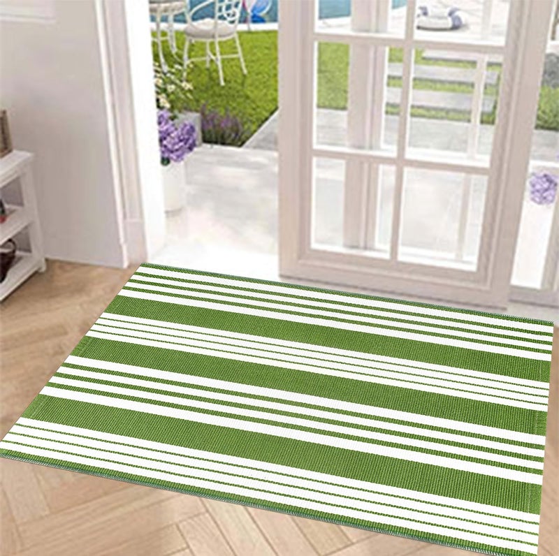 BUAGETUP Green and White Striped Outdoor Rug 24'' x 51'' Front Porch Rug Hand-Woven Machine Washable Layered Door Mats for Entryway/Bedroom/Outdoor - Image 5