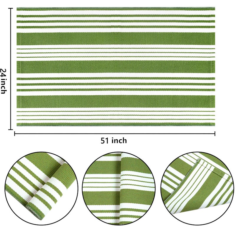 BUAGETUP Green and White Striped Outdoor Rug 24'' x 51'' Front Porch Rug Hand-Woven Machine Washable Layered Door Mats for Entryway/Bedroom/Outdoor - Image 2