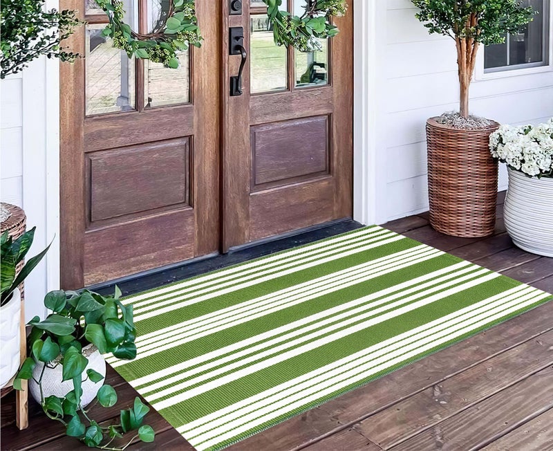BUAGETUP Green and White Striped Outdoor Rug 24'' x 51'' Front Porch Rug Hand-Woven Machine Washable Layered Door Mats for Entryway/Bedroom/Outdoor - Image 1