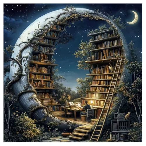 Mandun Library Paint by Numbers for Adult, Night Book Forest Fantasy Paint by Numbers Kit for Adults Beginners, DIY Acrylic Painting on Canvas for Home Wall Art Decor 16x16Inch - Image 1