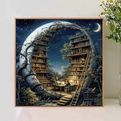 Mandun Library Paint by Numbers for Adult, Night Book Forest Fantasy Paint by Numbers Kit for Adults Beginners, DIY Acrylic Painting on Canvas for Home Wall Art Decor 16x16Inch - Image 2