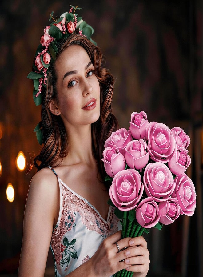 INRATELL Pink Rose Flower Building Set, Botanical Bouquet Block Set Gift for Mothers Day for Adults, Wife, Her, Girlfriend, Mom, Grandma on Birthdays, Home Office Decor Table Display - Image 3
