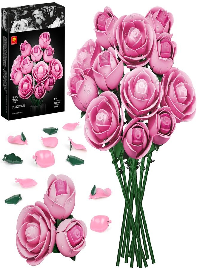 INRATELL Pink Rose Flower Building Set, Botanical Bouquet Block Set Gift for Mothers Day for Adults, Wife, Her, Girlfriend, Mom, Grandma on Birthdays, Home Office Decor Table Display - Image 1