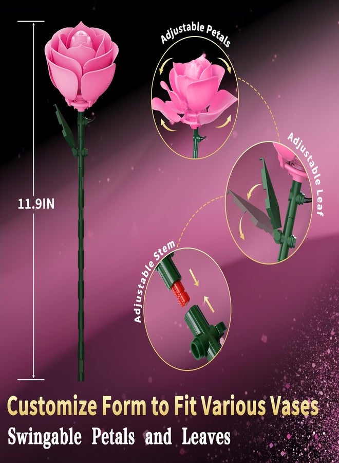 INRATELL Pink Rose Flower Building Set, Botanical Bouquet Block Set Gift for Mothers Day for Adults, Wife, Her, Girlfriend, Mom, Grandma on Birthdays, Home Office Decor Table Display - Image 5