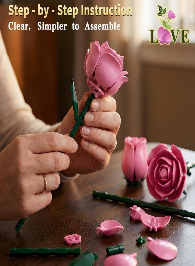 INRATELL Pink Rose Flower Building Set, Botanical Bouquet Block Set Gift for Mothers Day for Adults, Wife, Her, Girlfriend, Mom, Grandma on Birthdays, Home Office Decor Table Display - Image 4