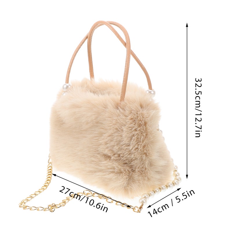 Large Capacity Faux Tote Bag For Women With Chain Fuzzy Handbag Plush Shoulder Bag Elegant Evening Purse Beige - Image 2
